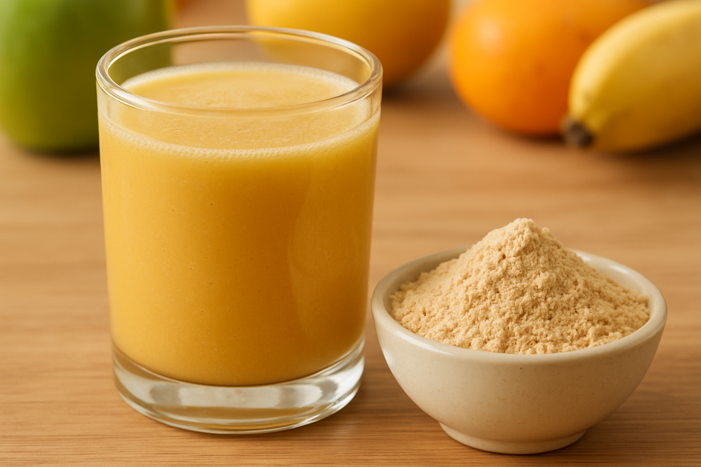 crie uma imagem de um suco com maca peruana coloque a farinha ao lado do copo