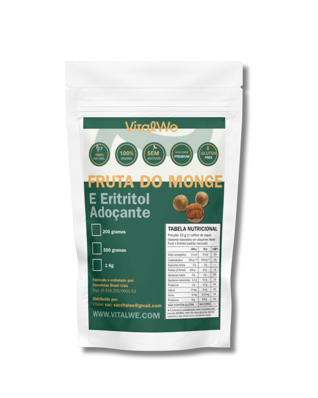 Adoçante Natural de Fruta do Monge & Eritritol 500g Vitalwe