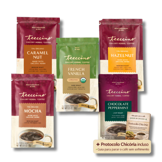 Kit Degustação Café Herbal – 5 Sabores | Sem Cafeína | 30 Xícaras