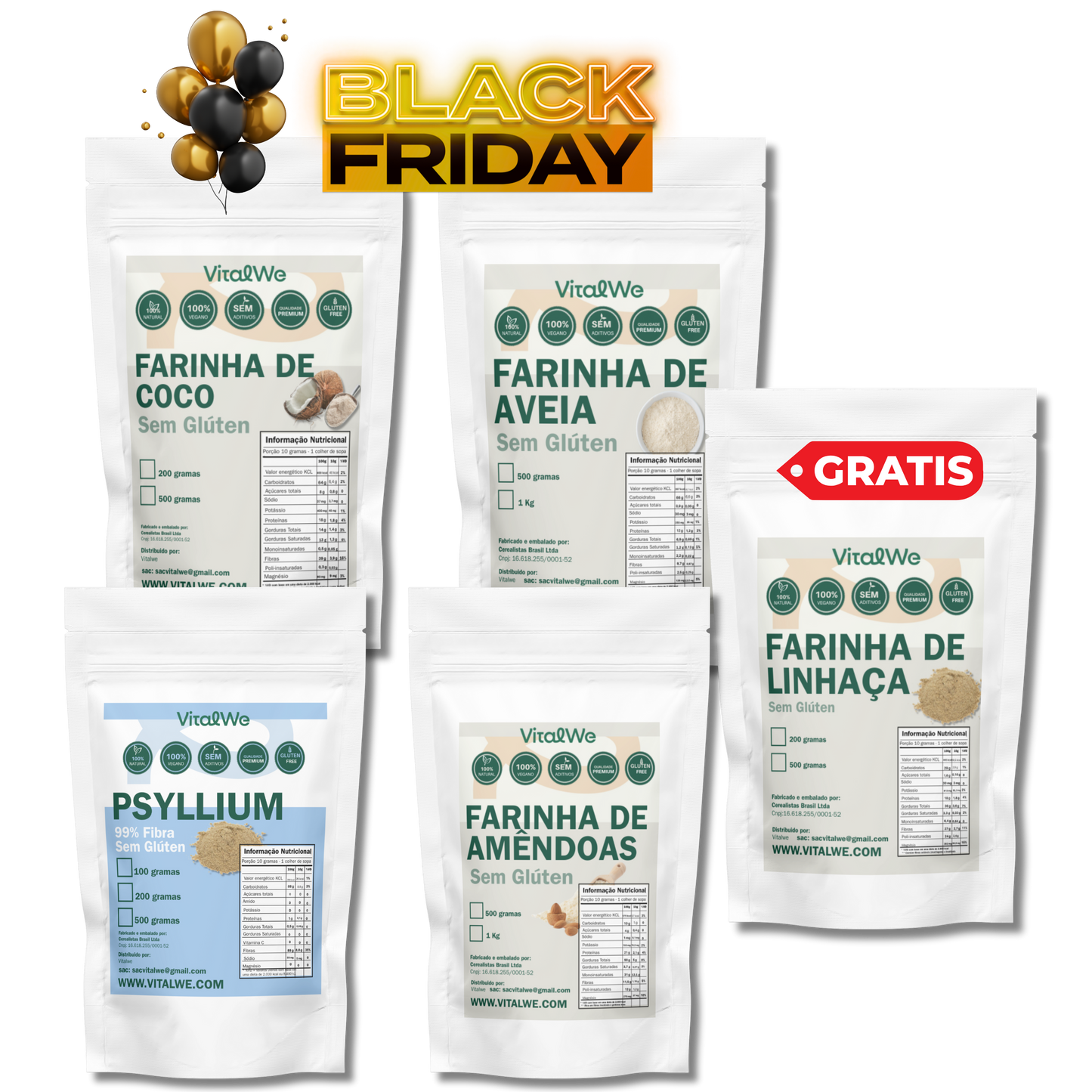 Kit Farinha Funcional para Emagrecimento e Saciedade – VitalWe (com 2 BÔNUS: Farinha de Linhaça GRÁTIS + eBook de Receitas)