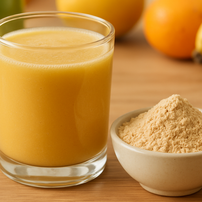 crie uma imagem de um suco com maca peruana coloque a farinha ao lado do copo